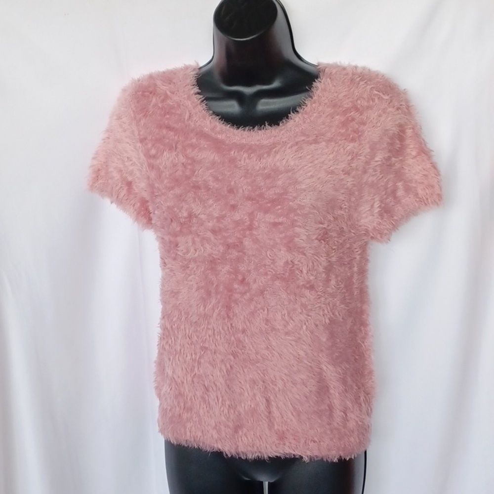 Kensie Fuzzy Soft Sweater, Short Sleeve, Pink, M, 16" PTP (Stretchy), 20" L